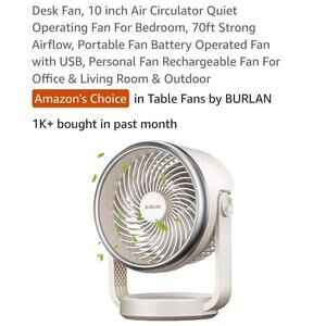 10" desk fan, rechargeable, USB, tilting, operates up to 11 hours